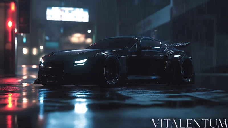 Sleek black sports car idles on a neon soaked rainy street.