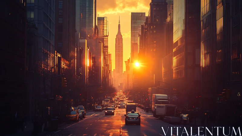 Sunlit city avenue channels molten orange sunset glow.