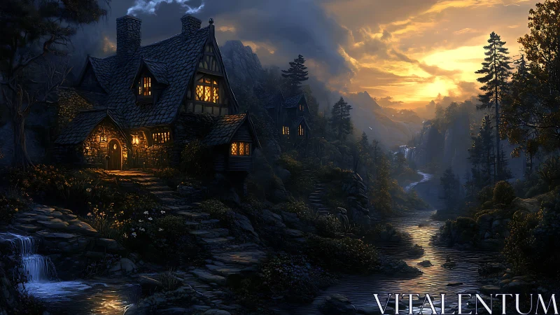 Warm lit riverside cottage contrasts with dramatic twilight sky