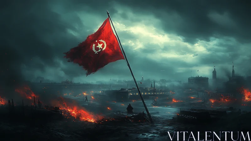 Blood red banner over stormy, firelit postwar cityscape.