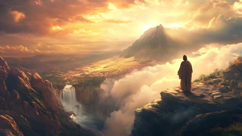 Solitary robed figure surveys illuminated mountain valley