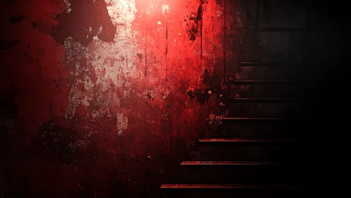 Red lit concrete wall and shadowed stairway recede right