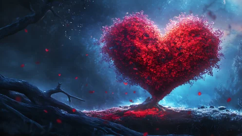 Heart Tree Glowing Red Against Deep Blue Cosmic Landscape.
