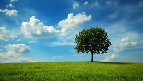 Solitary tree on vibrant green field under dramatic blue sky.