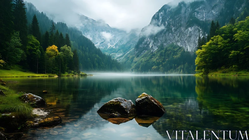 Mountain lake reflects conifer forest and mist covered slopes
