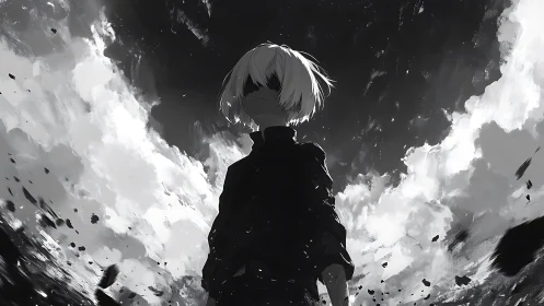 Solitary white-haired figure stands beneath fractured sky.