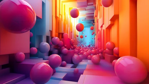 Sunlit tunnel of playful glossy spheres in bold color fields.