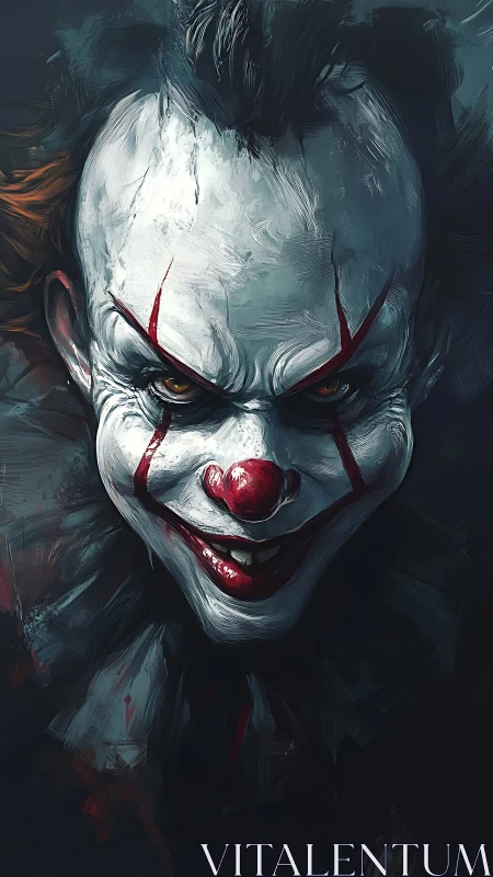 Sinister clown portrait glows from deep shadowed background