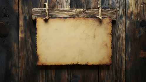 Weathered blank parchment board on rustic wood wall.