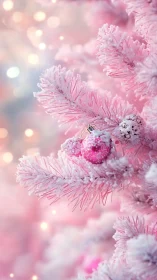 Pink frosted Christmas tree branches with ornaments.