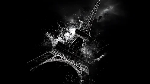 High-contrast splatter-rendered Eiffel Tower on black field
