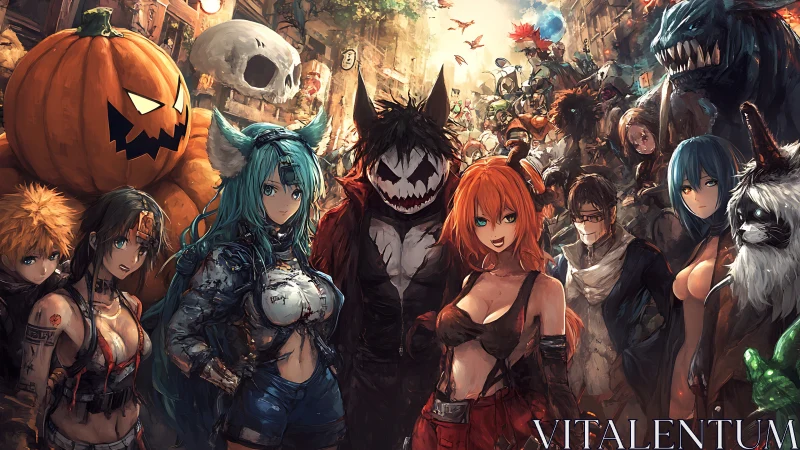 Chaotic anime monster parade storms a neon-drenched city street