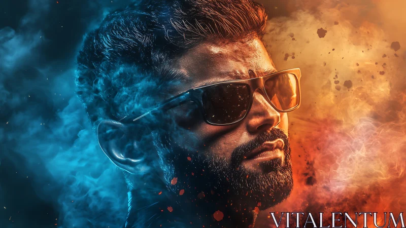 Fire and frost cool guy portrait wrapped in swirling smoke.