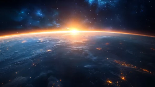 Sunrise over Earth horizon from space with glowing clouds.