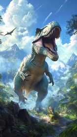 Roaring T rex dominates lush Jurassic valley under meteors.