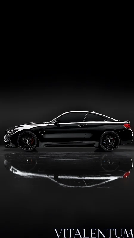 High-gloss black sports coupe rendered in side profile with reflective floor