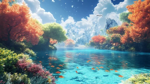 Mountain lake with autumn trees and fish in clear water.