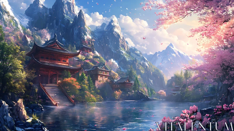 Cherry blossoms drift gently over tranquil mountain temples