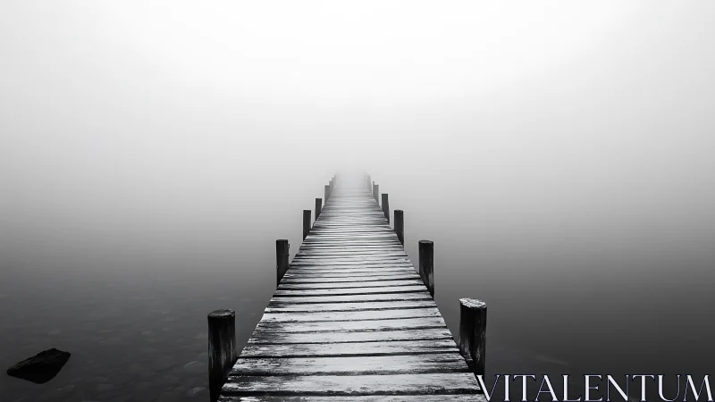 Lonely wooden pier disappears into quiet white fog.