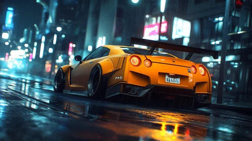 Orange sports coupe on wet city street at night in rain.