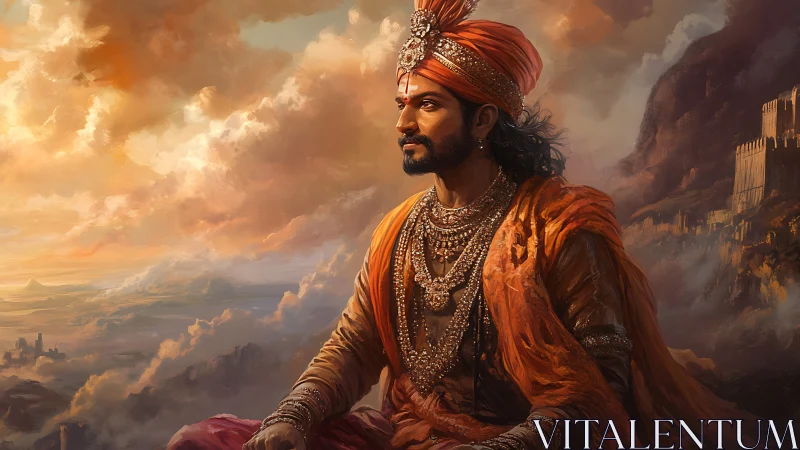 Regal Indian ruler in ornate attire against dramatic sky.