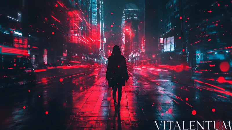 Lone walker in neon city glow on a rainy midnight street.