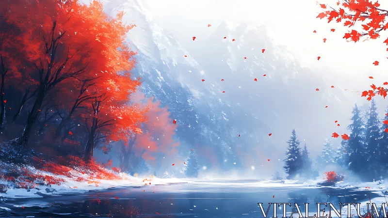 Contrasting red forest and snowy mountains surround a calm lake