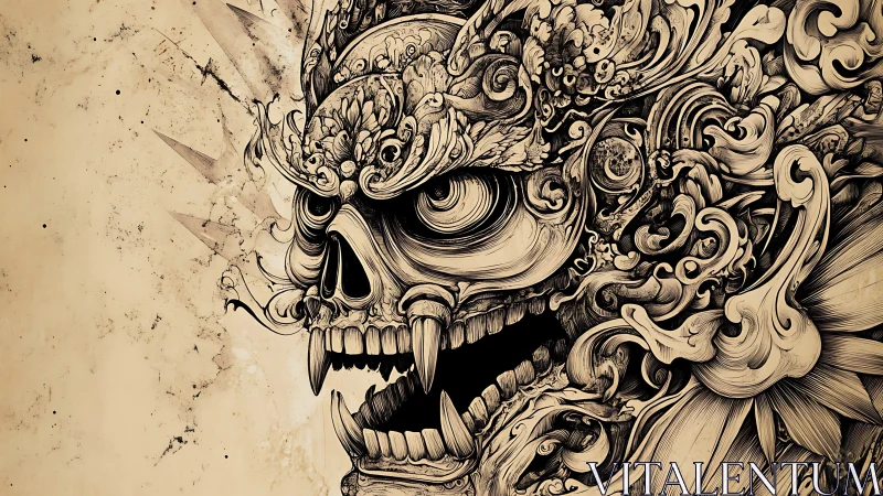 Ornate skeletal demon mask snarls with swirling baroque lines