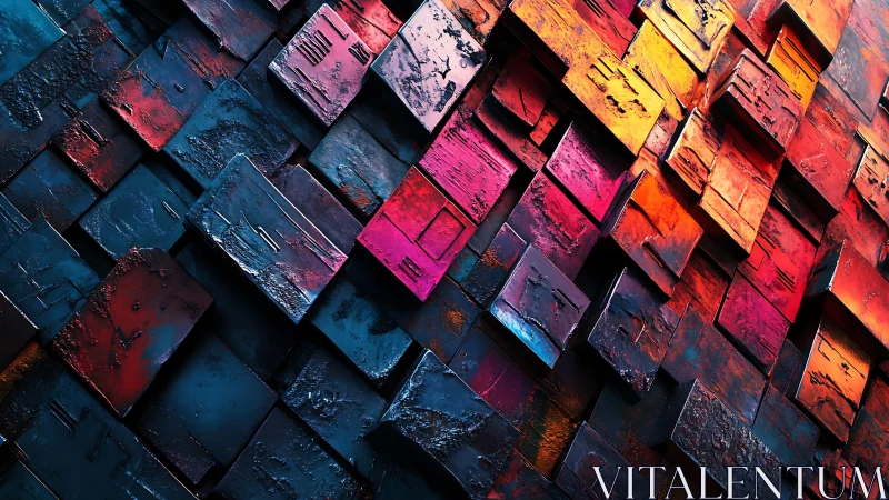 Abstract geometric wall of textured cubes in vivid warm and cool tones.