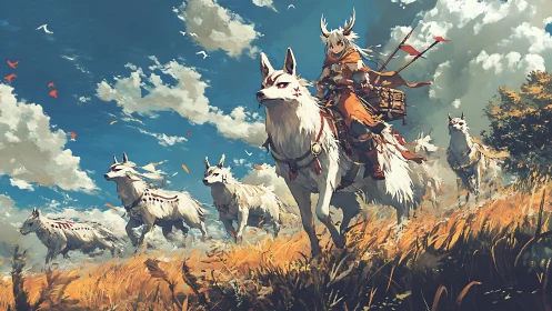 Rider on white wolf mounts crossing open grassland field.