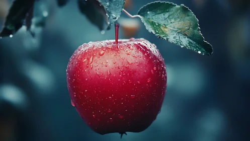Red apple with surface water droplets hangs from tree branch
