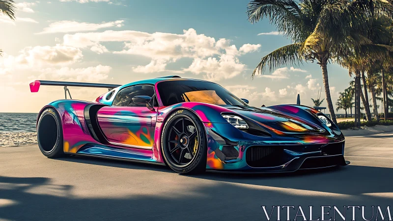 Iridescent supercar parked on sunny tropical beachfront road.