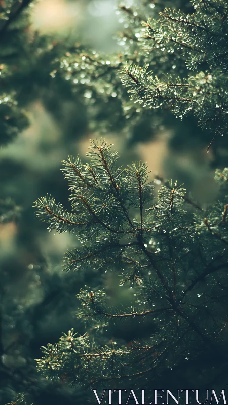 Evergreen pine branches with soft bokeh forest light.
