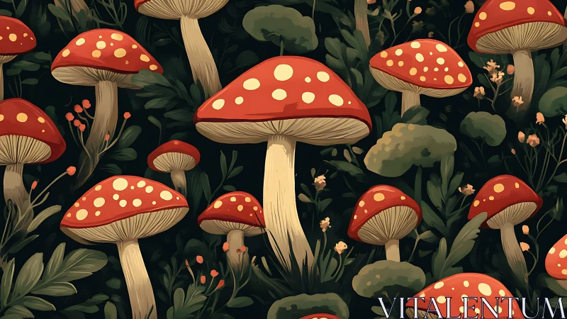 Red toadstools dominate dense forest floor illustration.