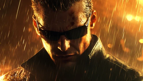 Brooding cyberpunk agent under neon rainstorm glow.