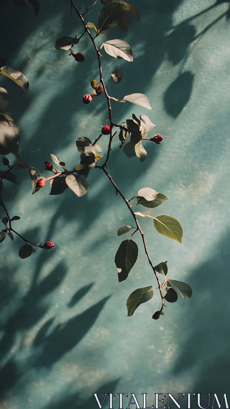 Trailing twig of red buds flirting with teal wall shadows.