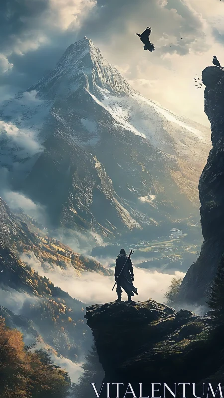 Solitary cloaked figure overlooks vast misty mountain valley