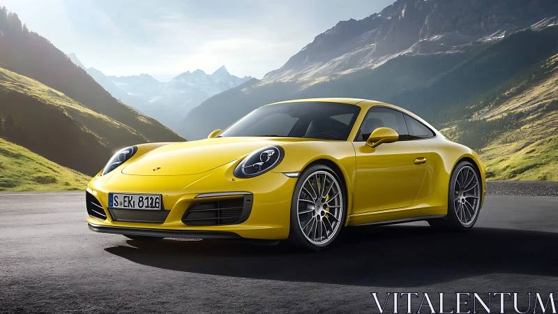Yellow Porsche sports coupe parked on open mountain road.