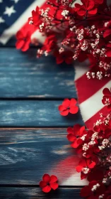 Patriotic Floral Arrangement with American Flag on Rustic Wooden Surface