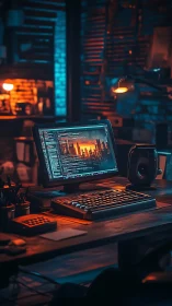 Moody coder&rsquo;s desk glows with neon-lit cityscape screen.