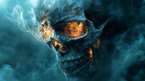 Burning blue skull with fiery eyes in swirling smoke.