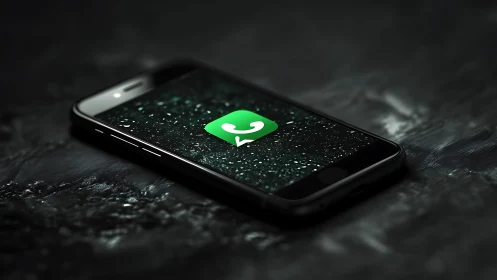 Oblique smartphone render with luminous chat icon and wet glass.