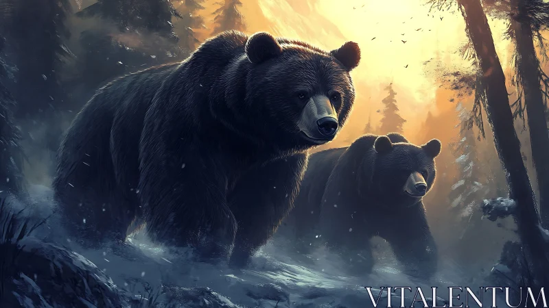Gentle forest bears wandering through a glowing winter dawn.
