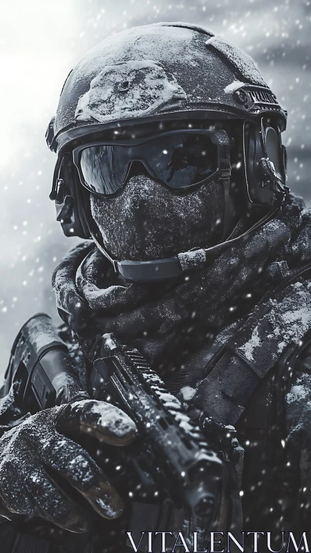 Photorealistic winter soldier portrait in tactical close-up framing.