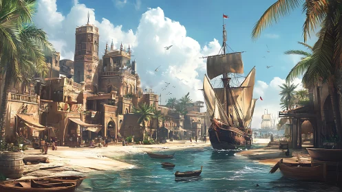 Sunlit harbor town welcomes tall ships and lively traders