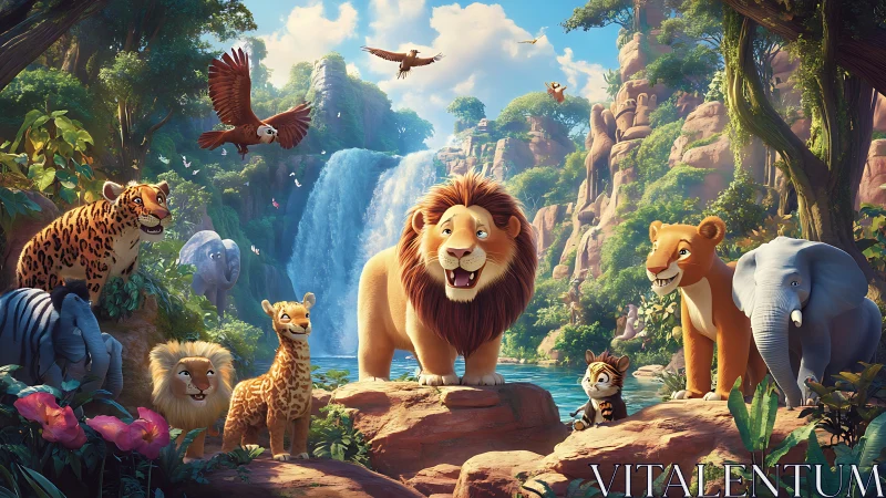 Animated wildlife assembly in jungle setting.