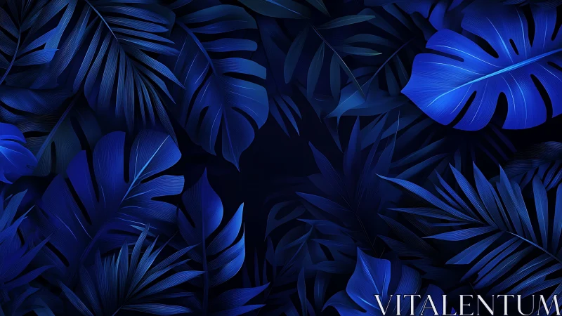 Chromatic deep-blue tropical foliage with layered vector shading.