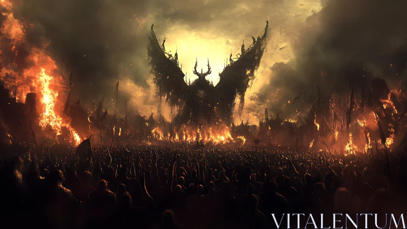 Infernal winged titan looms above a burning apocalyptic horde.