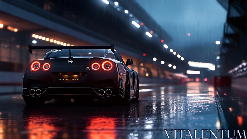 GT race car in wet night pit lane with cinematic bokeh lighting
