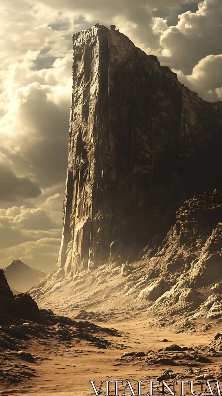 Titan cliff drinks the desert light beneath bruised clouds